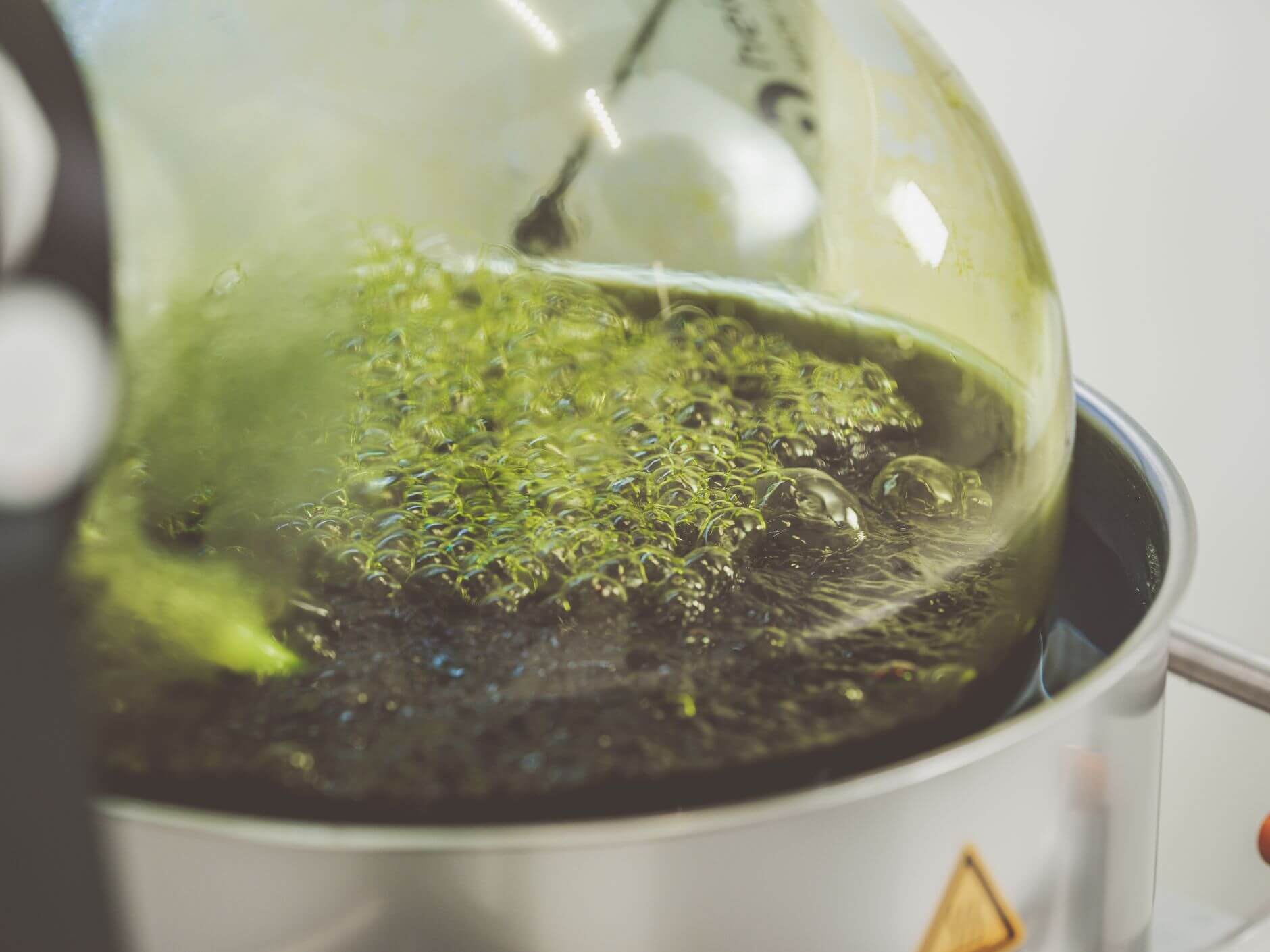 Eine grüne Flüssigkeit brodelt im Reagenzglas